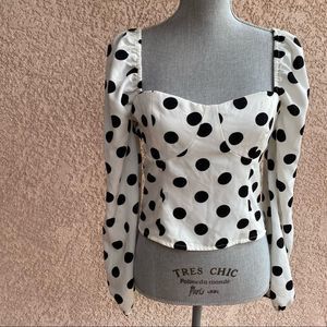 Leche Black polka dot white bustier long sleeve top size Large